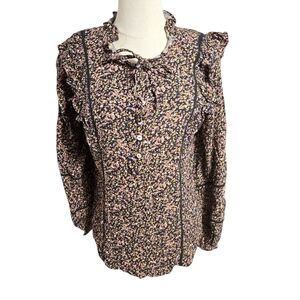 Fat Face Black Floral Ruffled Tie Neck Shirt
